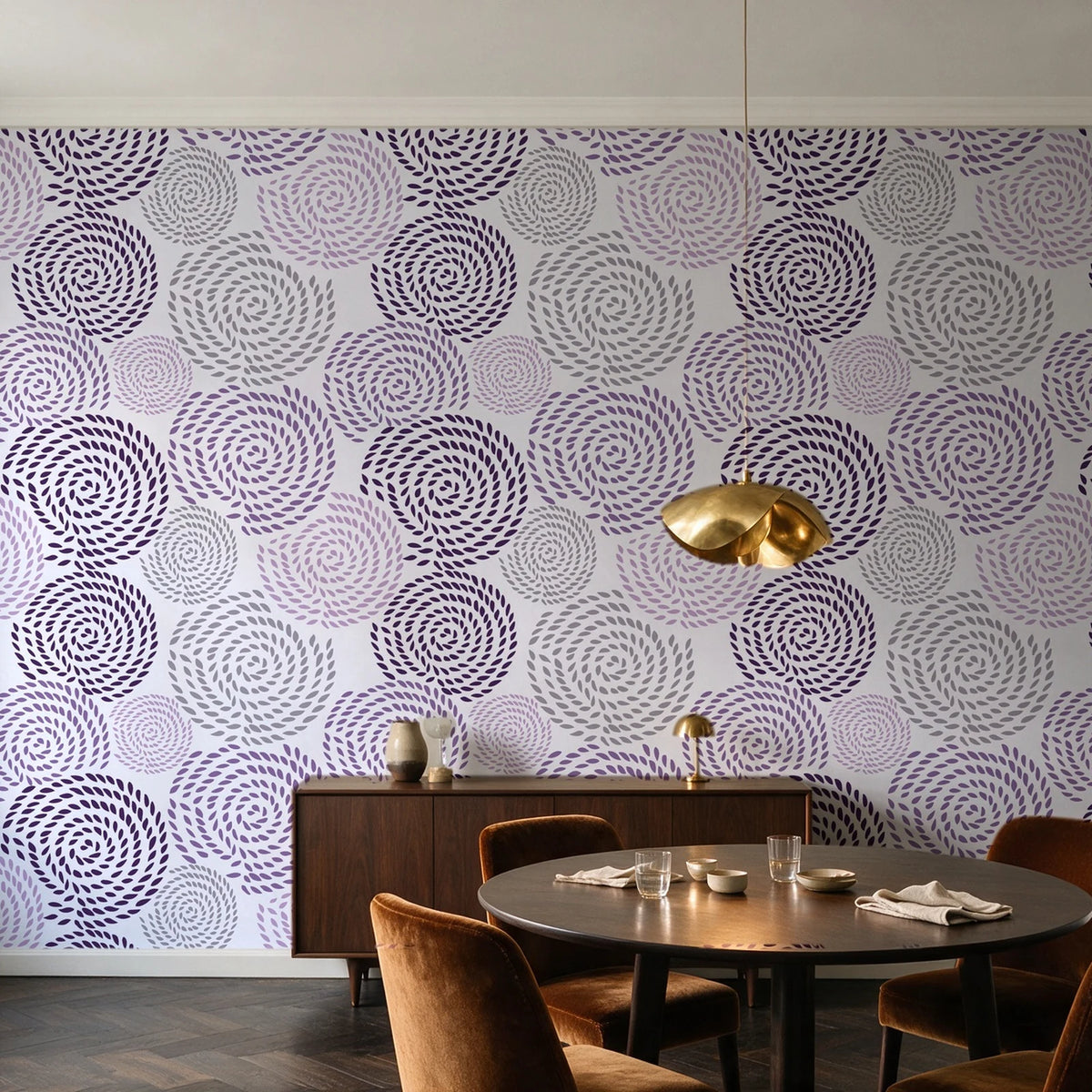 Petal Cascade Plum spiral rosette wallpaper in an elegant dining room
