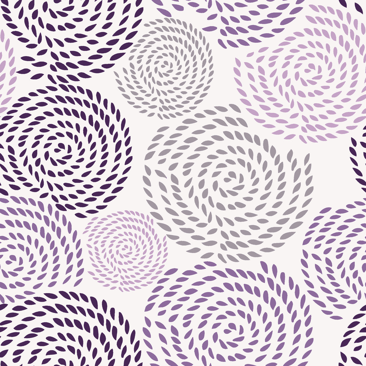 Petal Cascade Plum spiral rosette wallpaper in plum and orchid