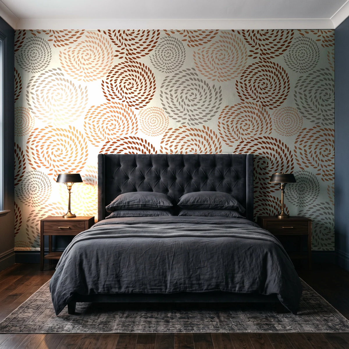 Petal Cascade Terracotta spiral rosette wallpaper behind a tufted headboard in a dark, moody bedroom