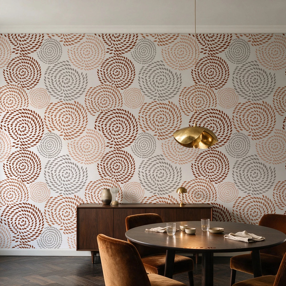 Petal Cascade Terracotta spiral rosette wallpaper in an elegant dining room