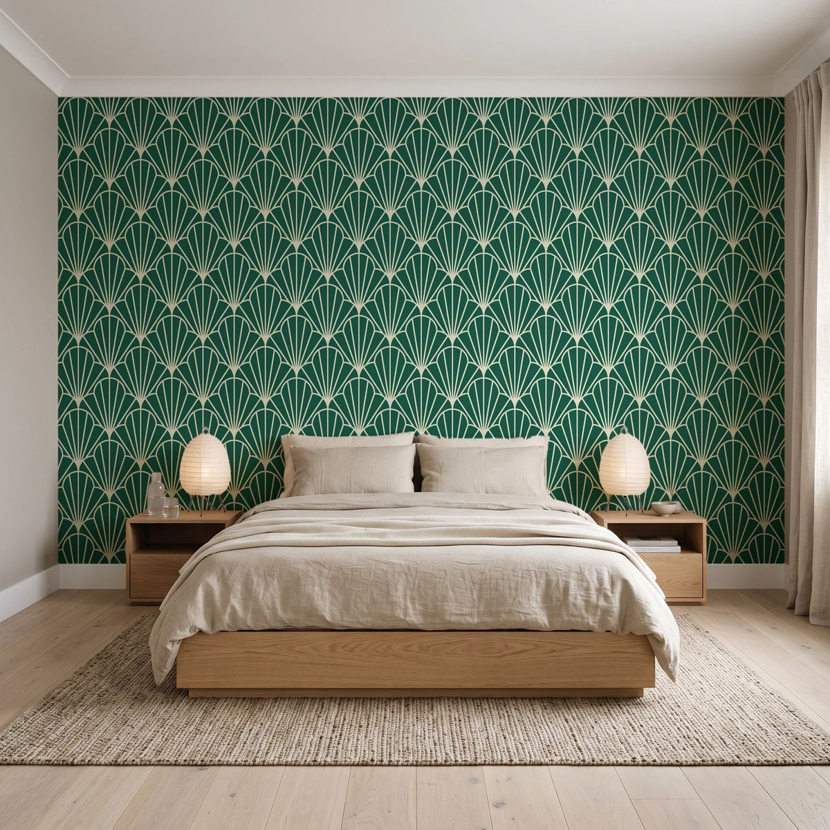 Petal Dawn Emerald art deco fan wallpaper behind a low platform bed in a serene Japandi bedroom