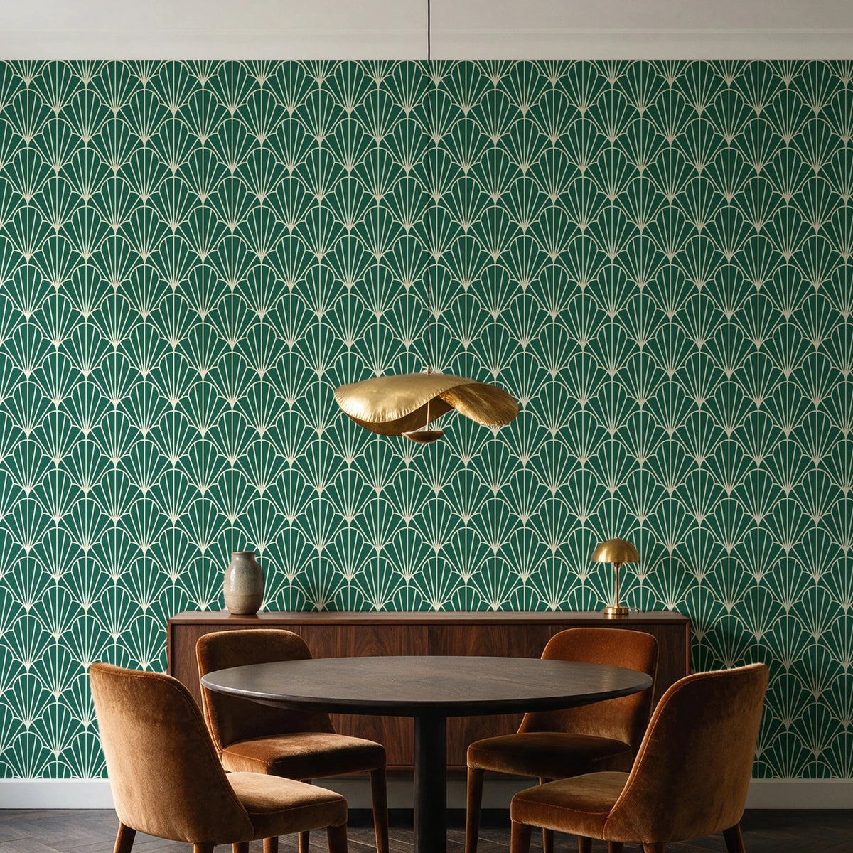 Petal Dawn Emerald art deco fan wallpaper behind a walnut credenza and round table in an elegant dining room