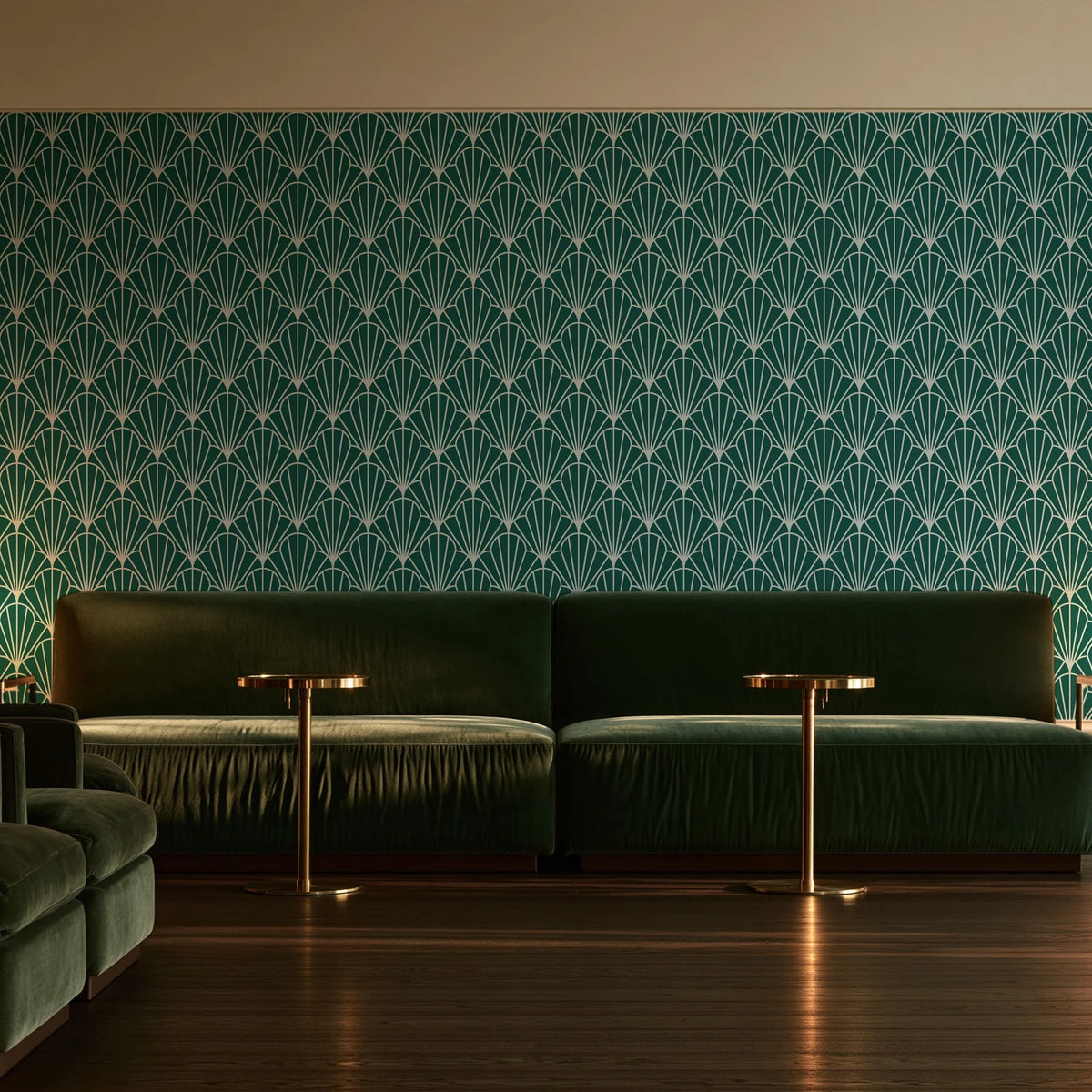 Petal Dawn Emerald art deco fan wallpaper in an intimate luxury cocktail lounge