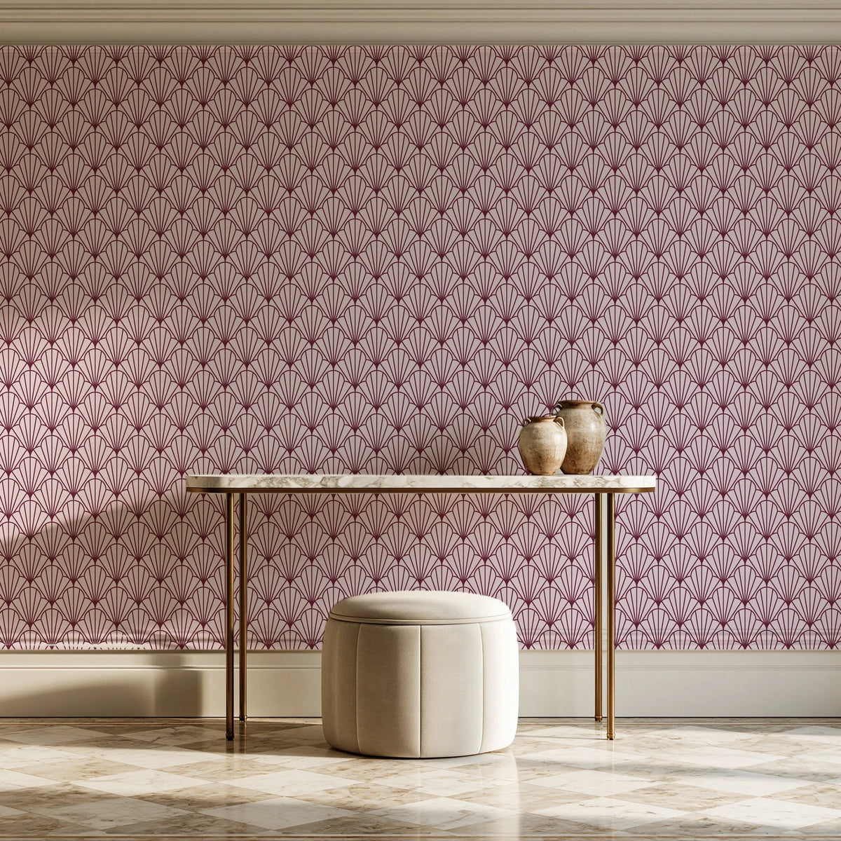 Petal Dawn Oxblood art deco fan wallpaper on the wall of a grand entry foyer
