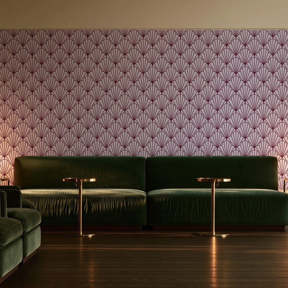 Petal Dawn Oxblood art deco fan wallpaper in an intimate luxury cocktail lounge