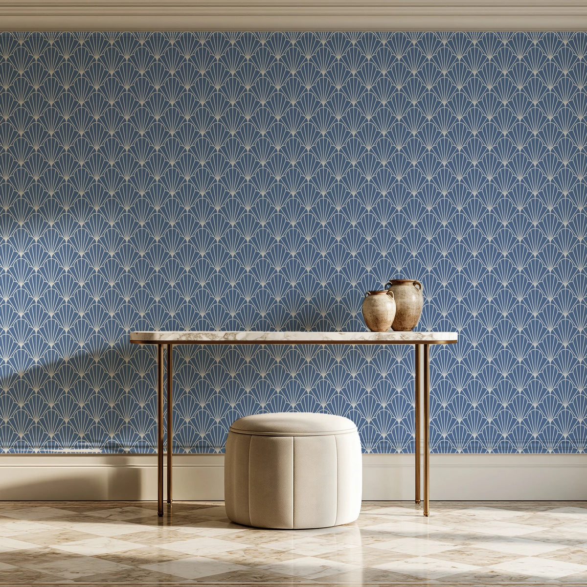 Petal Dawn Slate art deco fan wallpaper on the wall of a grand entry foyer