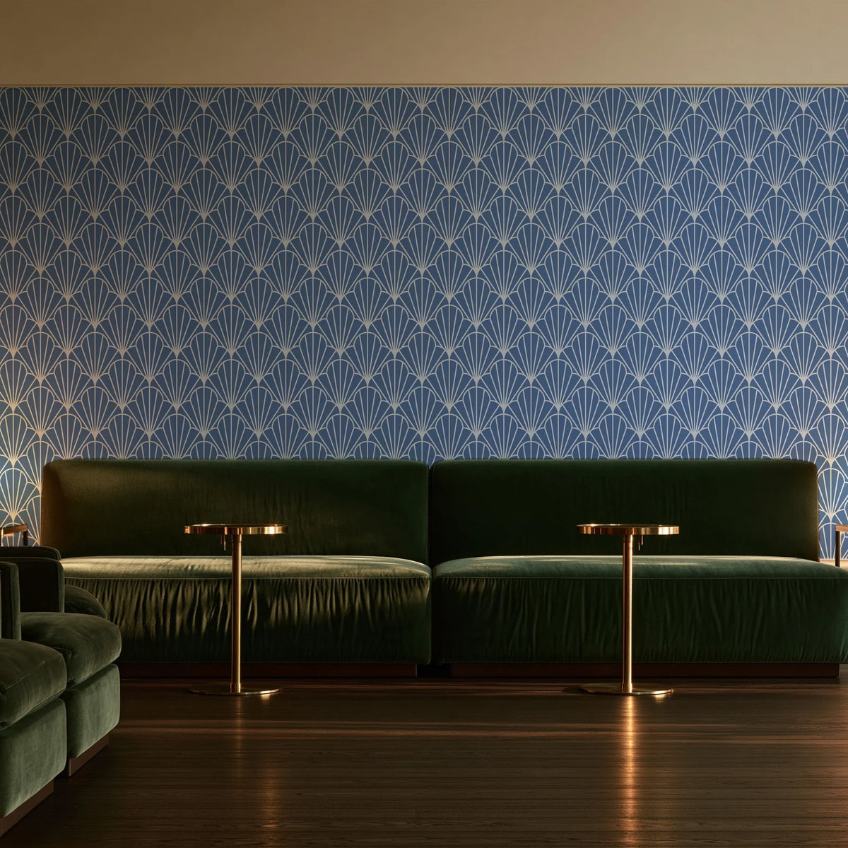 Petal Dawn Slate art deco fan wallpaper in an intimate luxury cocktail lounge
