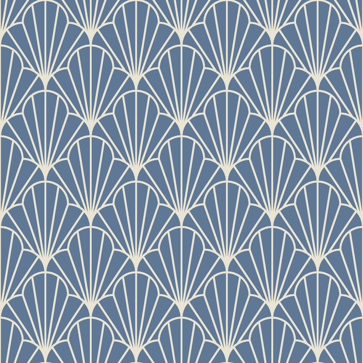 Petal Dawn Slate art deco fan wallpaper in slate blue and linen