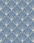 Petal Dawn Slate art deco fan wallpaper in slate blue and linen