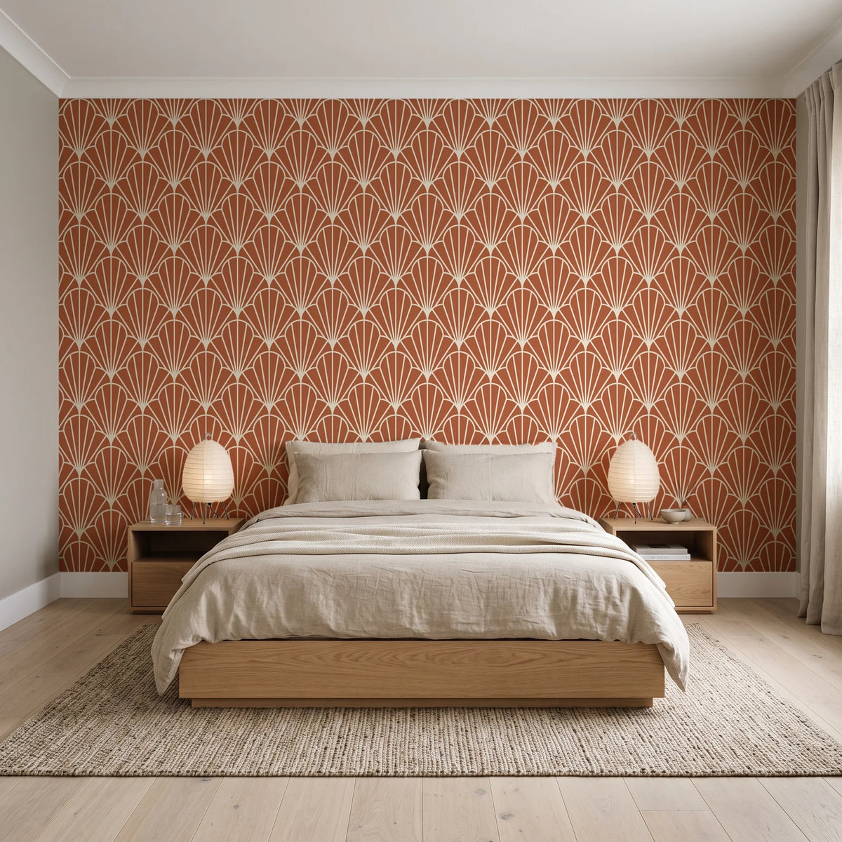 Petal Dawn Terracotta art deco fan wallpaper behind a low platform bed in a serene Japandi bedroom
