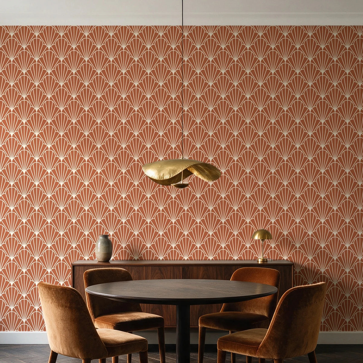 Petal Dawn Terracotta art deco fan wallpaper behind a walnut credenza and round table in an elegant dining room