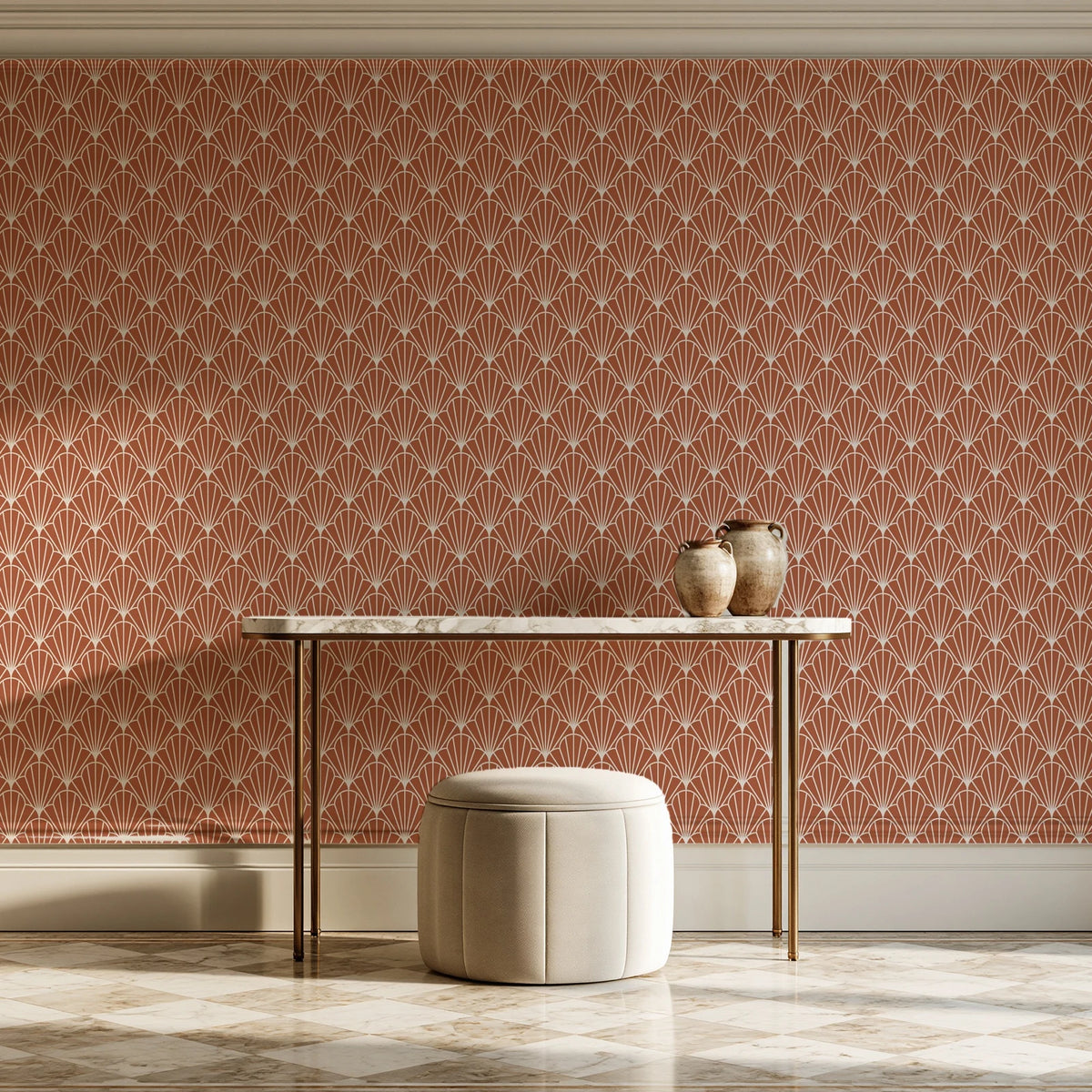 Petal Dawn Terracotta art deco fan wallpaper on the wall of a grand entry foyer