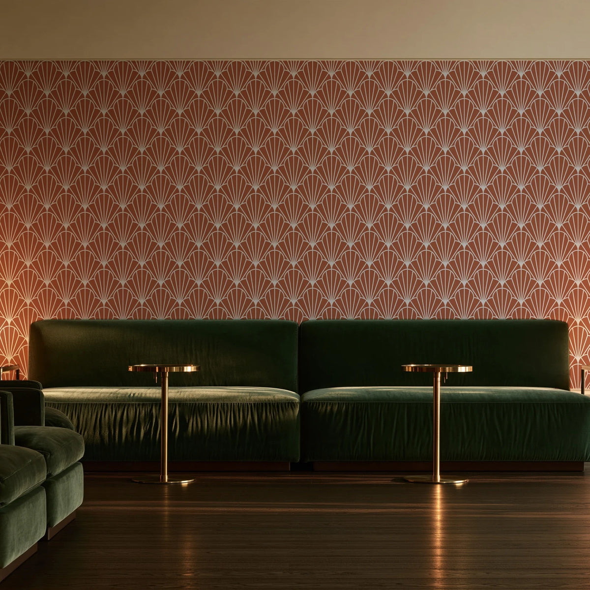 Petal Dawn Terracotta art deco fan wallpaper in an intimate luxury cocktail lounge