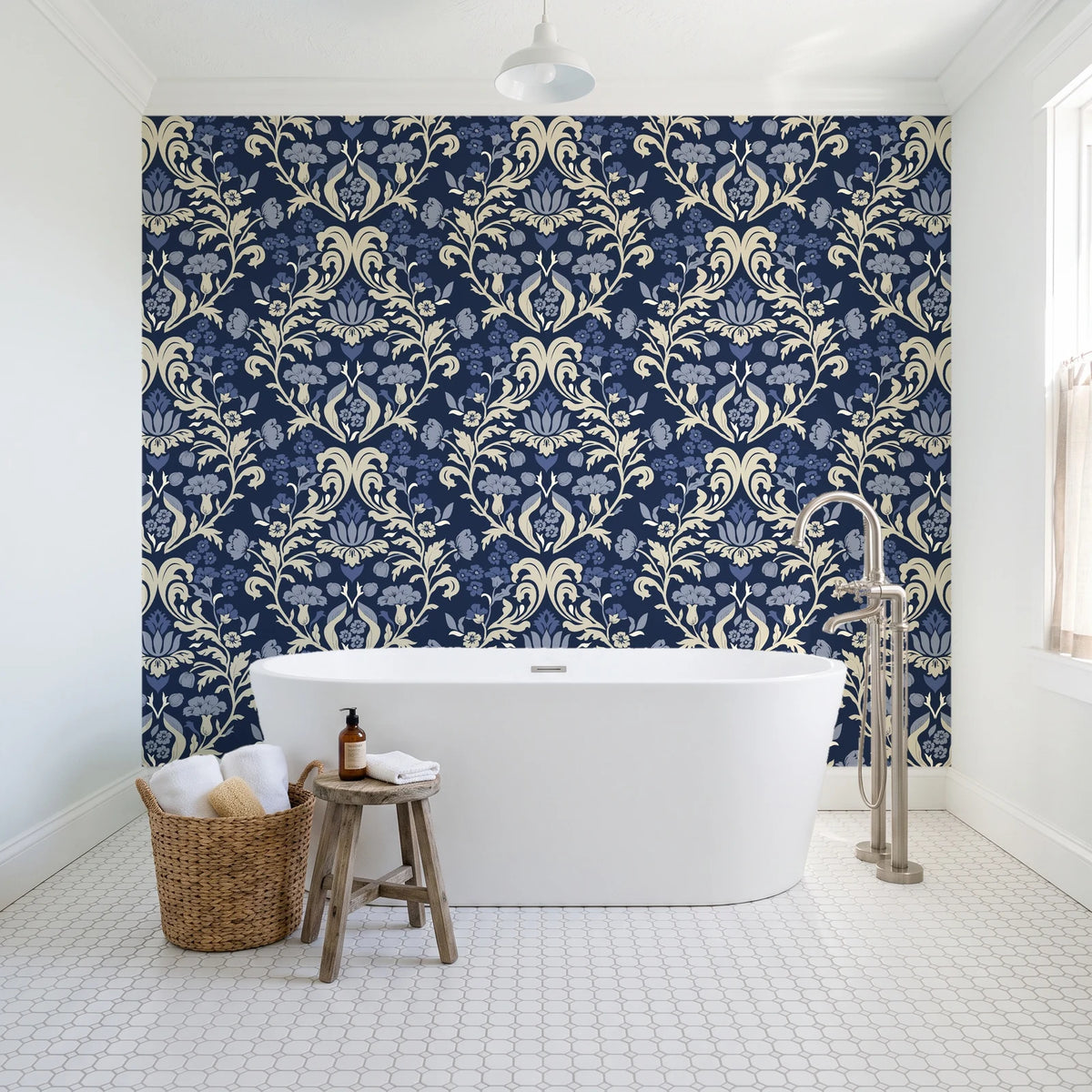 Petal Reflection Midnight floral damask wallpaper behind a freestanding tub in a bright coastal bathroom