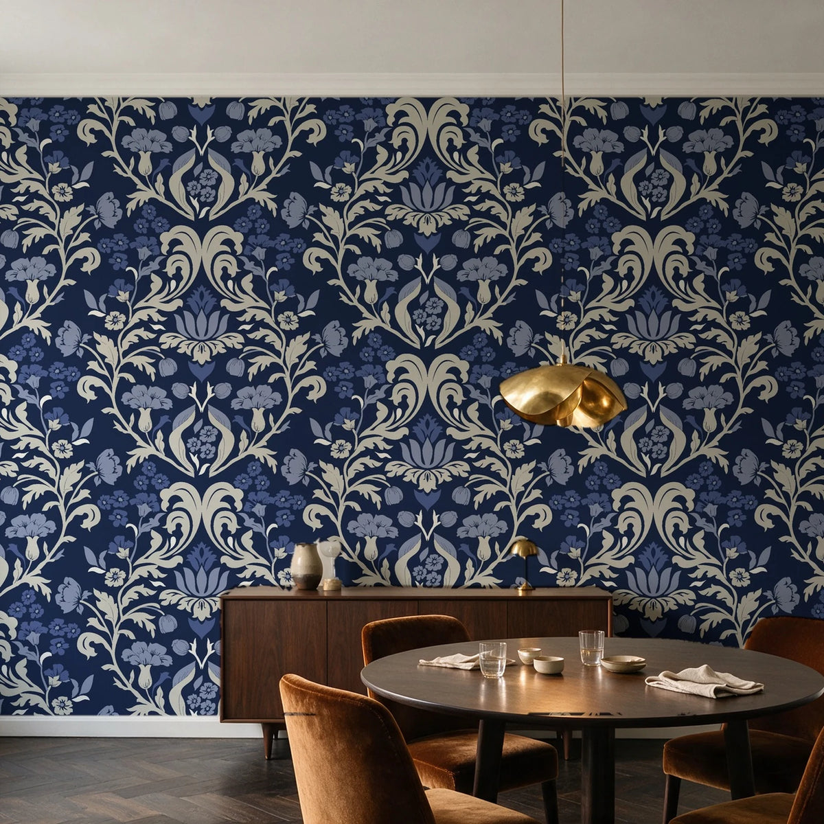 Petal Reflection Midnight floral damask wallpaper in an elegant dining room