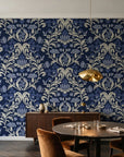 Petal Reflection Midnight floral damask wallpaper in an elegant dining room