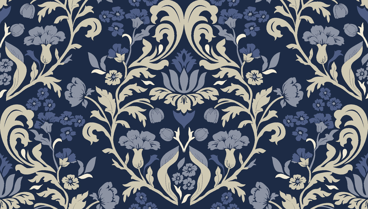 Petal Reflection Midnight floral damask wallpaper in midnight and ivory