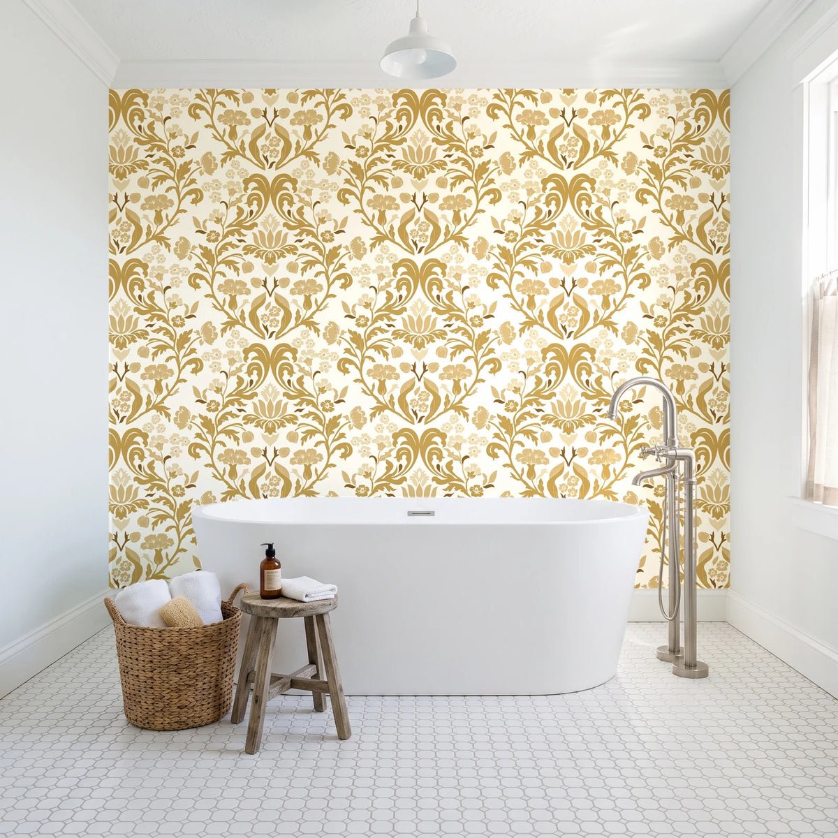 Petal Reflection Ochre floral damask wallpaper behind a freestanding tub in a bright coastal bathroom