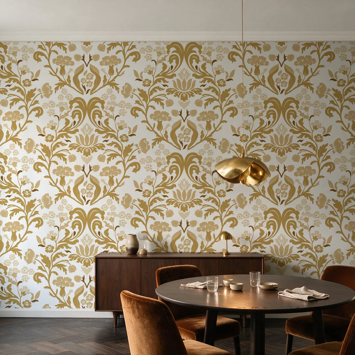Petal Reflection Ochre floral damask wallpaper in an elegant dining room
