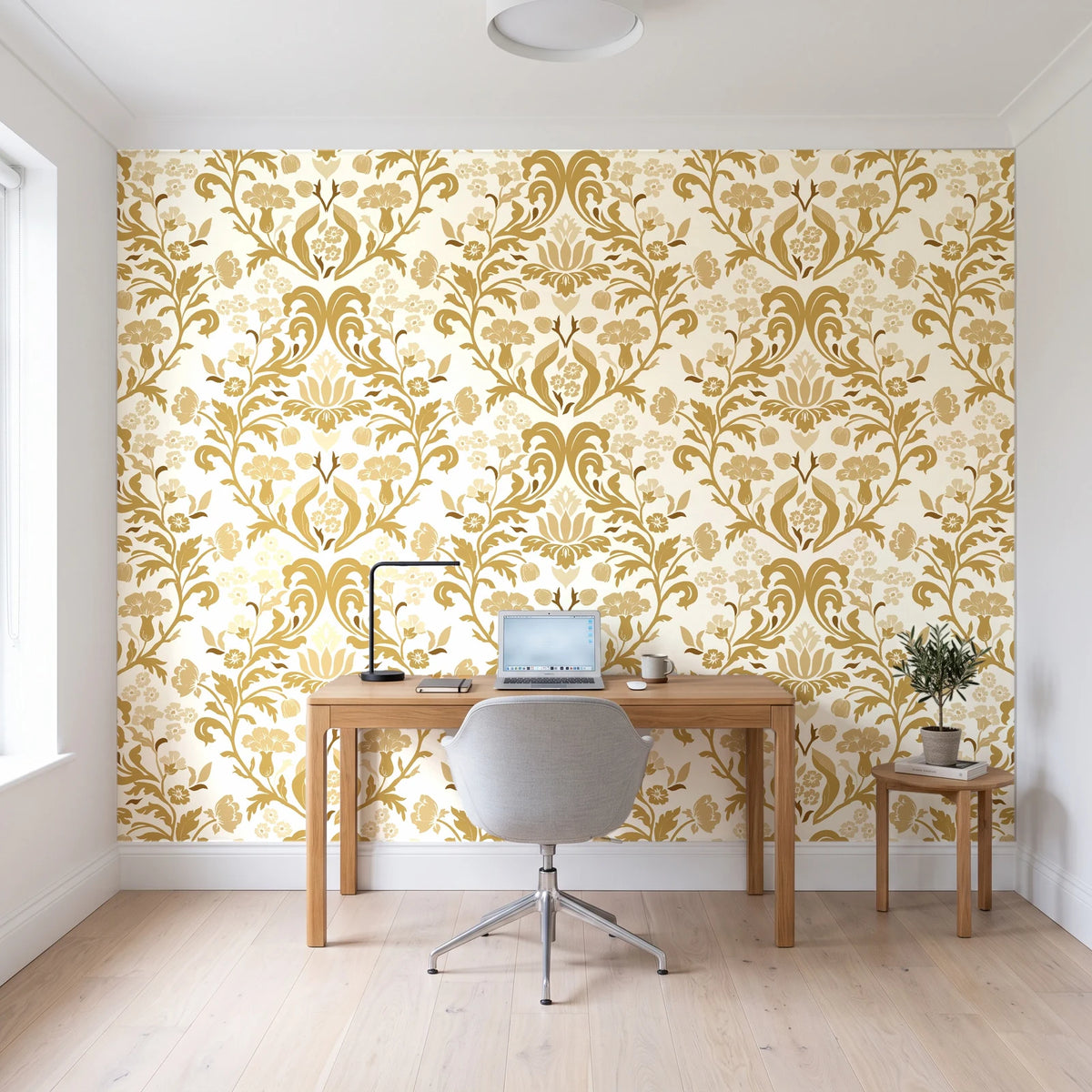 Petal Reflection Ochre floral damask wallpaper behind a modern oak desk in a bright home office