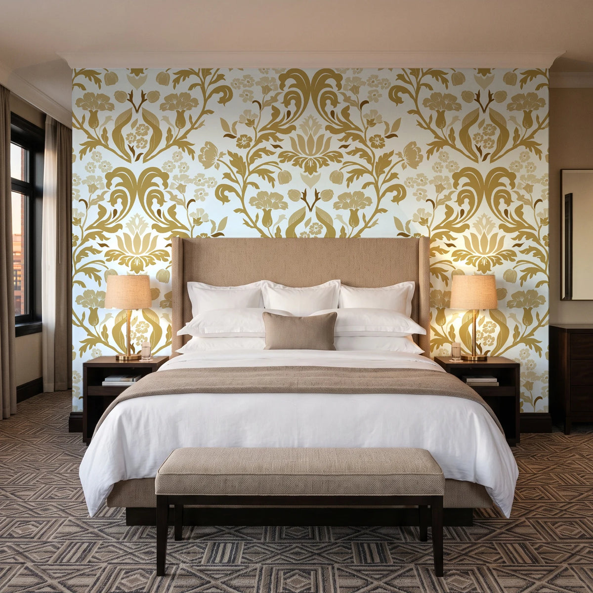 Petal Reflection Ochre floral damask wallpaper behind the headboard of a king bed in a contemporary hotel guest room