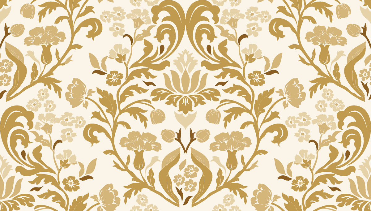 Petal Reflection Ochre floral damask wallpaper in ochre and cream