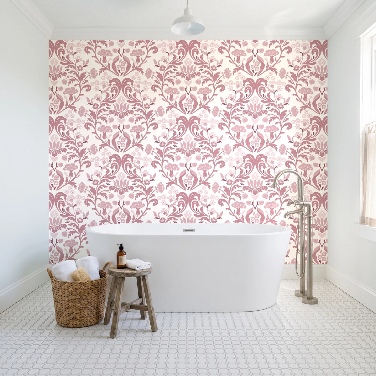 Petal Reflection Rose floral damask wallpaper behind a freestanding tub in a bright coastal bathroom