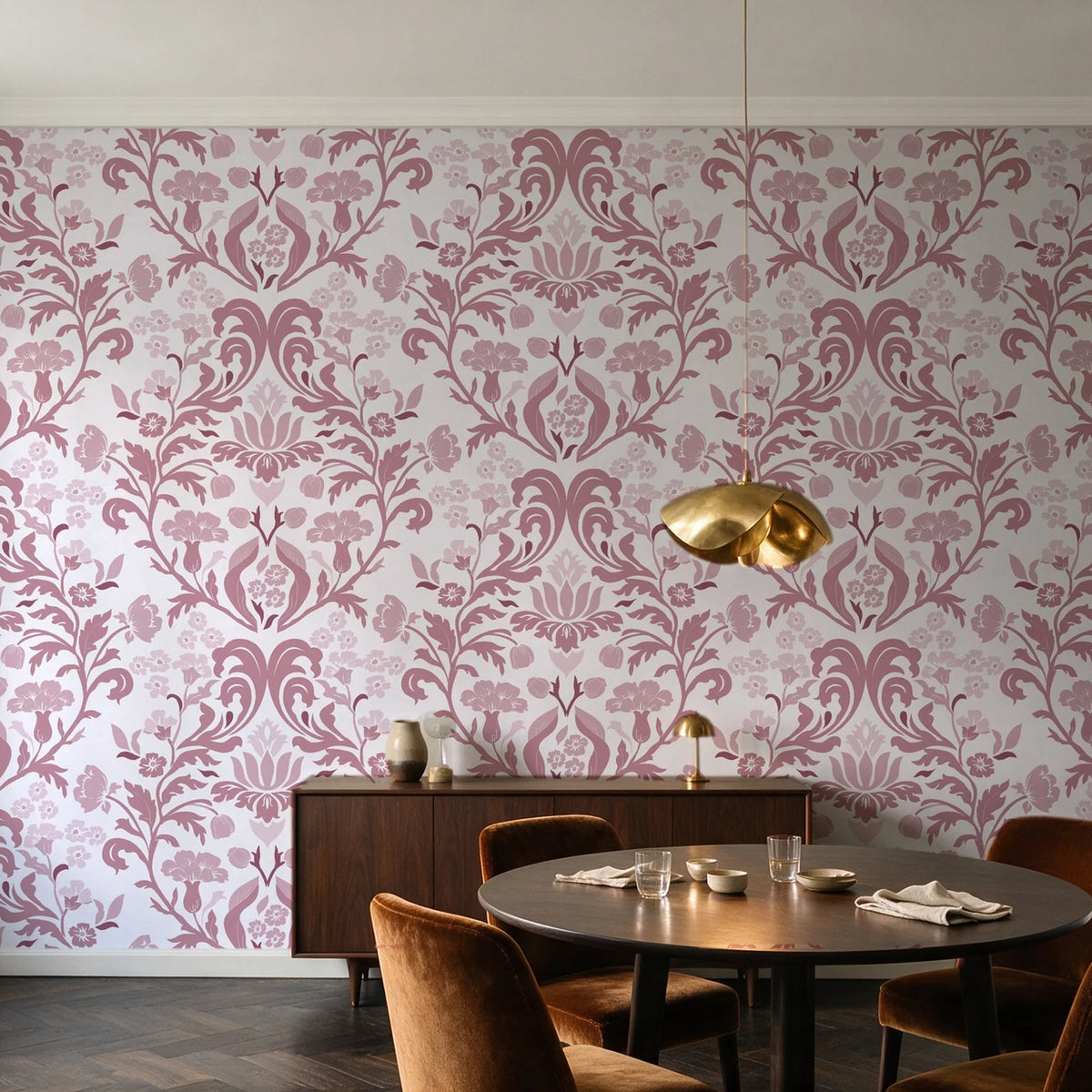 Petal Reflection Rose floral damask wallpaper in an elegant dining room