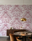 Petal Reflection Rose floral damask wallpaper in an elegant dining room