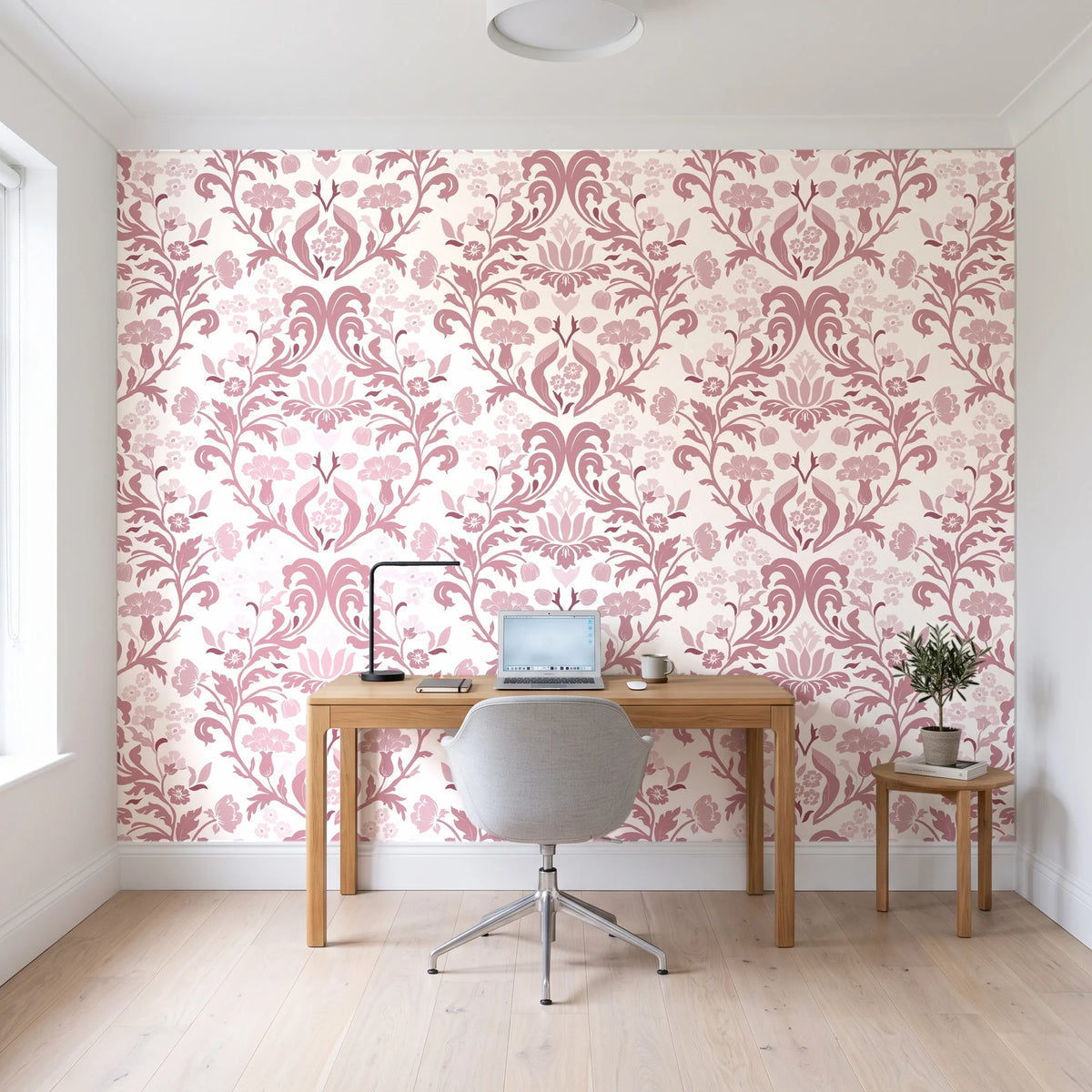 Petal Reflection Rose floral damask wallpaper behind a modern oak desk in a bright home office