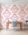 Petal Reflection Rose floral damask wallpaper behind a modern oak desk in a bright home office