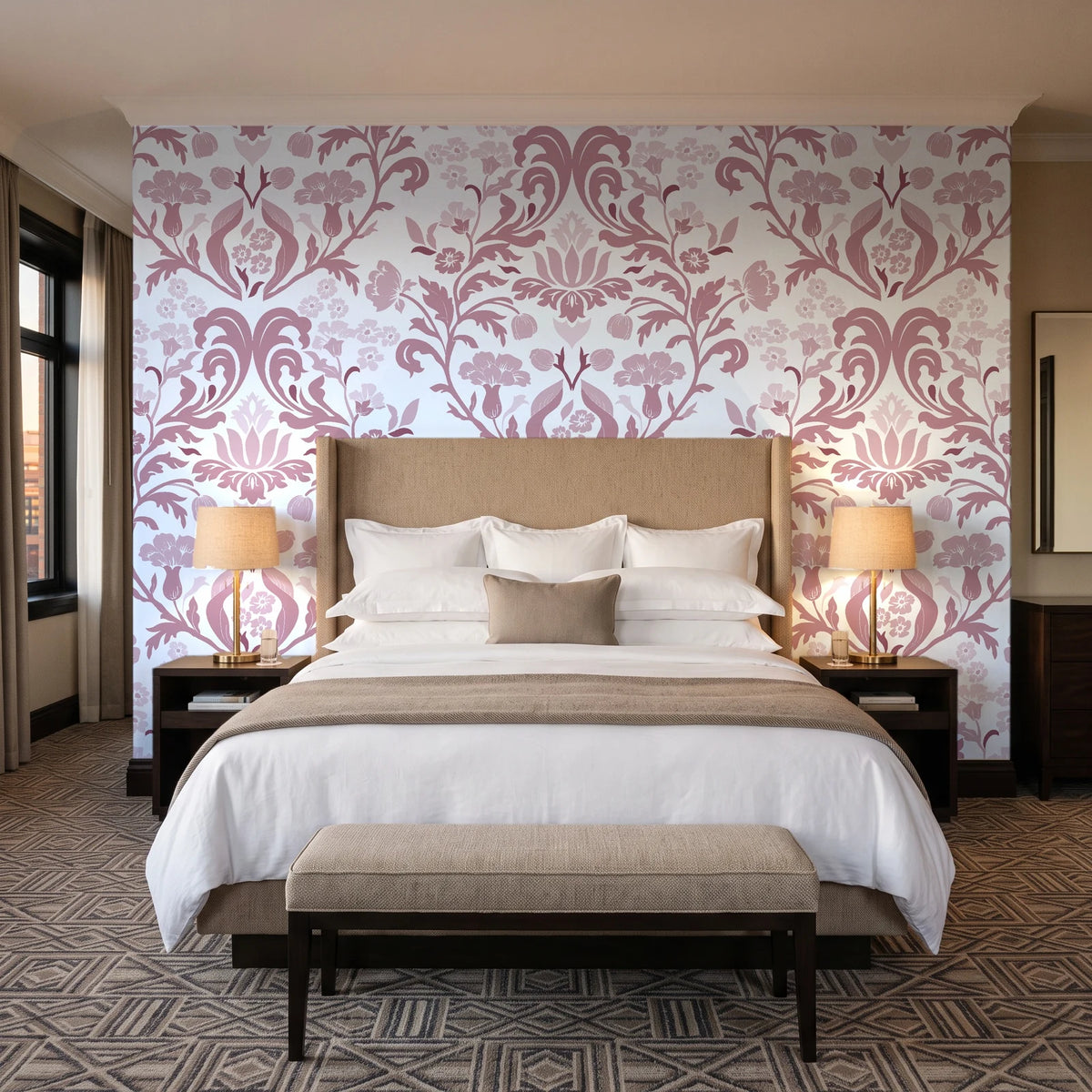 Petal Reflection Rose floral damask wallpaper behind the headboard of a king bed in a contemporary hotel guest room