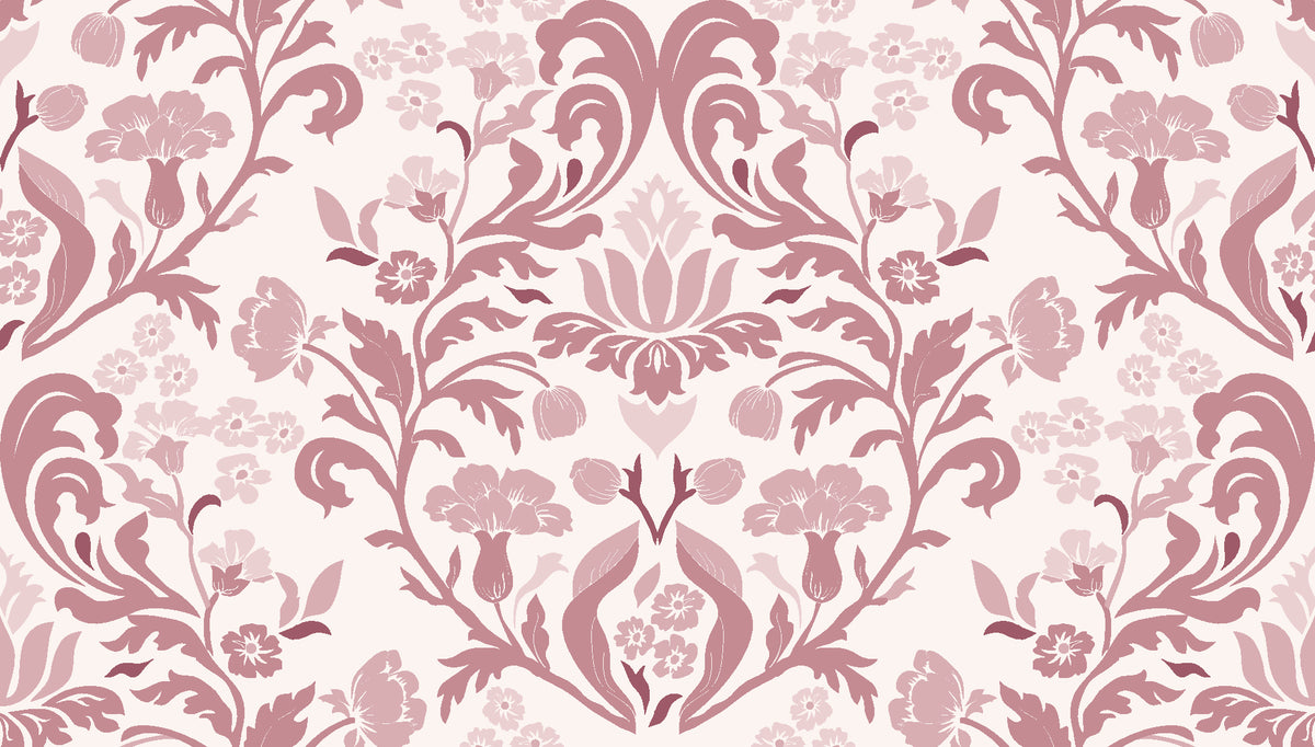 Petal Reflection Rose floral damask wallpaper in rose and blush