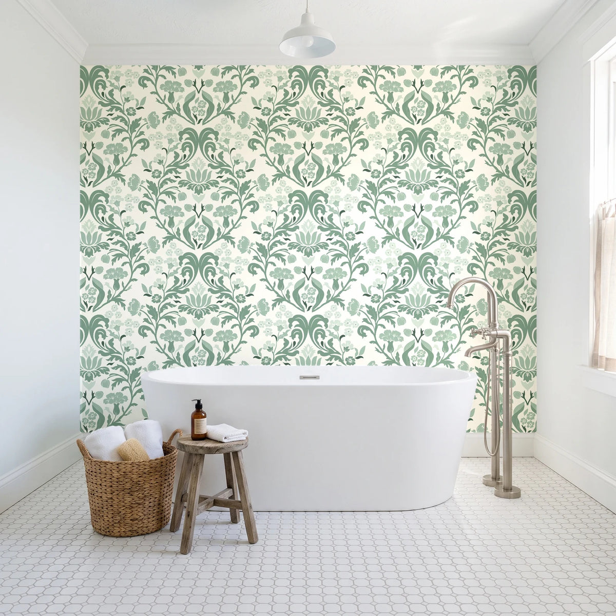 Petal Reflection Sage floral damask wallpaper behind a freestanding tub in a bright coastal bathroom