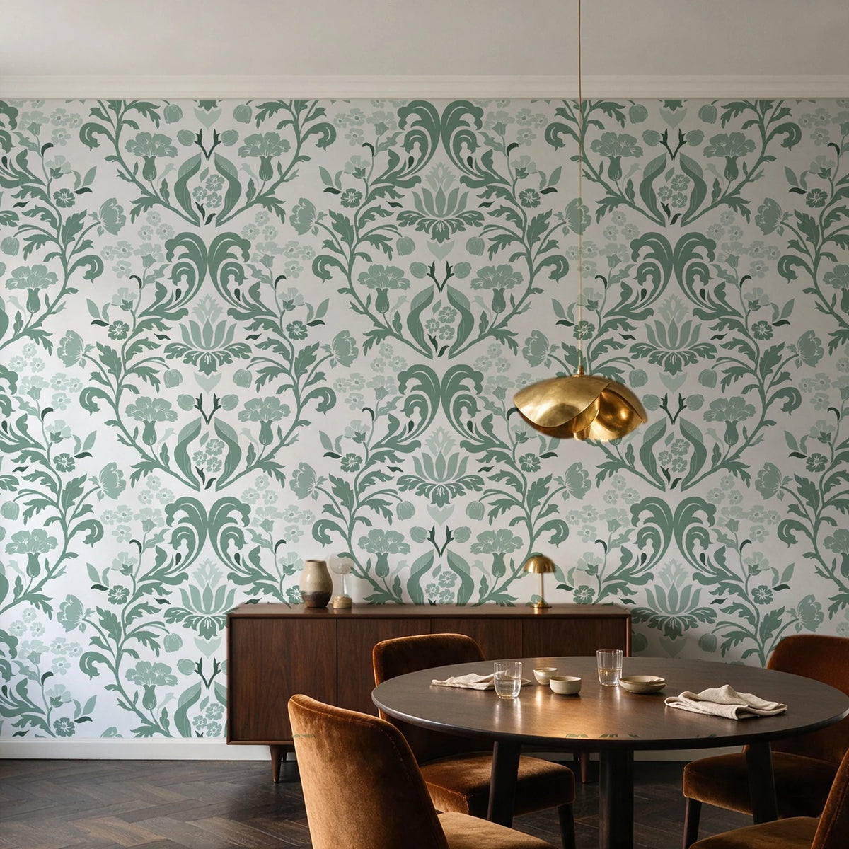 Petal Reflection Sage floral damask wallpaper in an elegant dining room