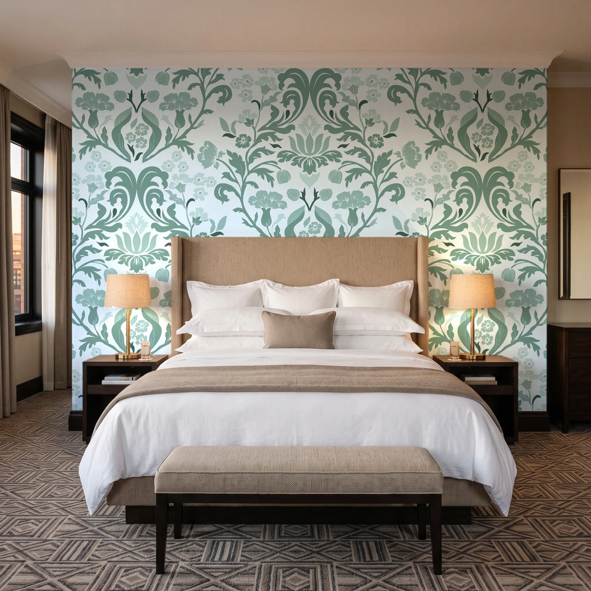 Petal Reflection Sage floral damask wallpaper behind the headboard of a king bed in a contemporary hotel guest room