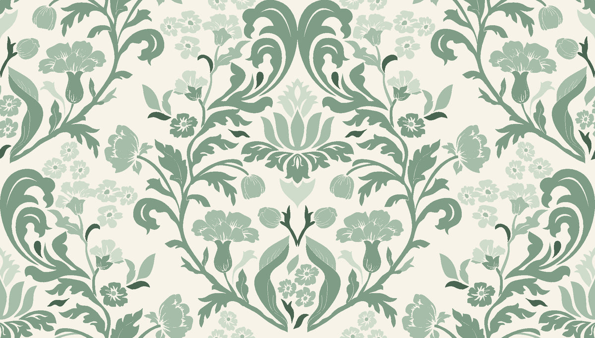 Petal Reflection Sage floral damask wallpaper in sage and cream