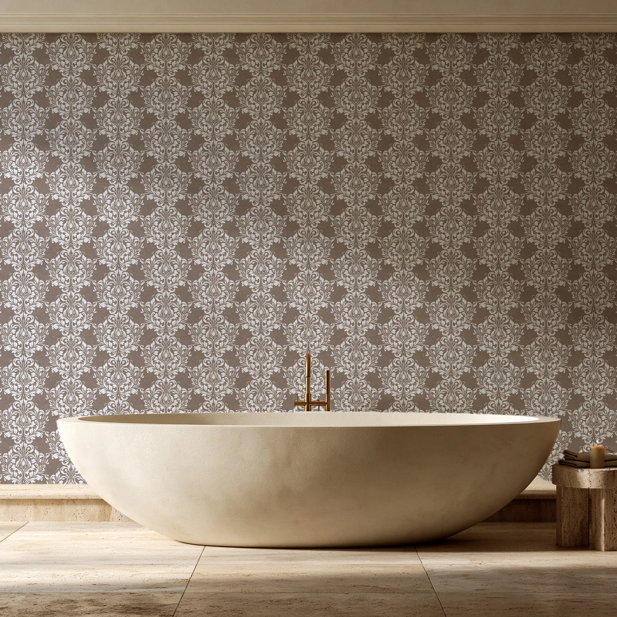 Petal Symphony Mocha baroque damask wallpaper creating ambiance in a serene spa bathroom