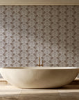 Petal Symphony Mocha baroque damask wallpaper creating ambiance in a serene spa bathroom