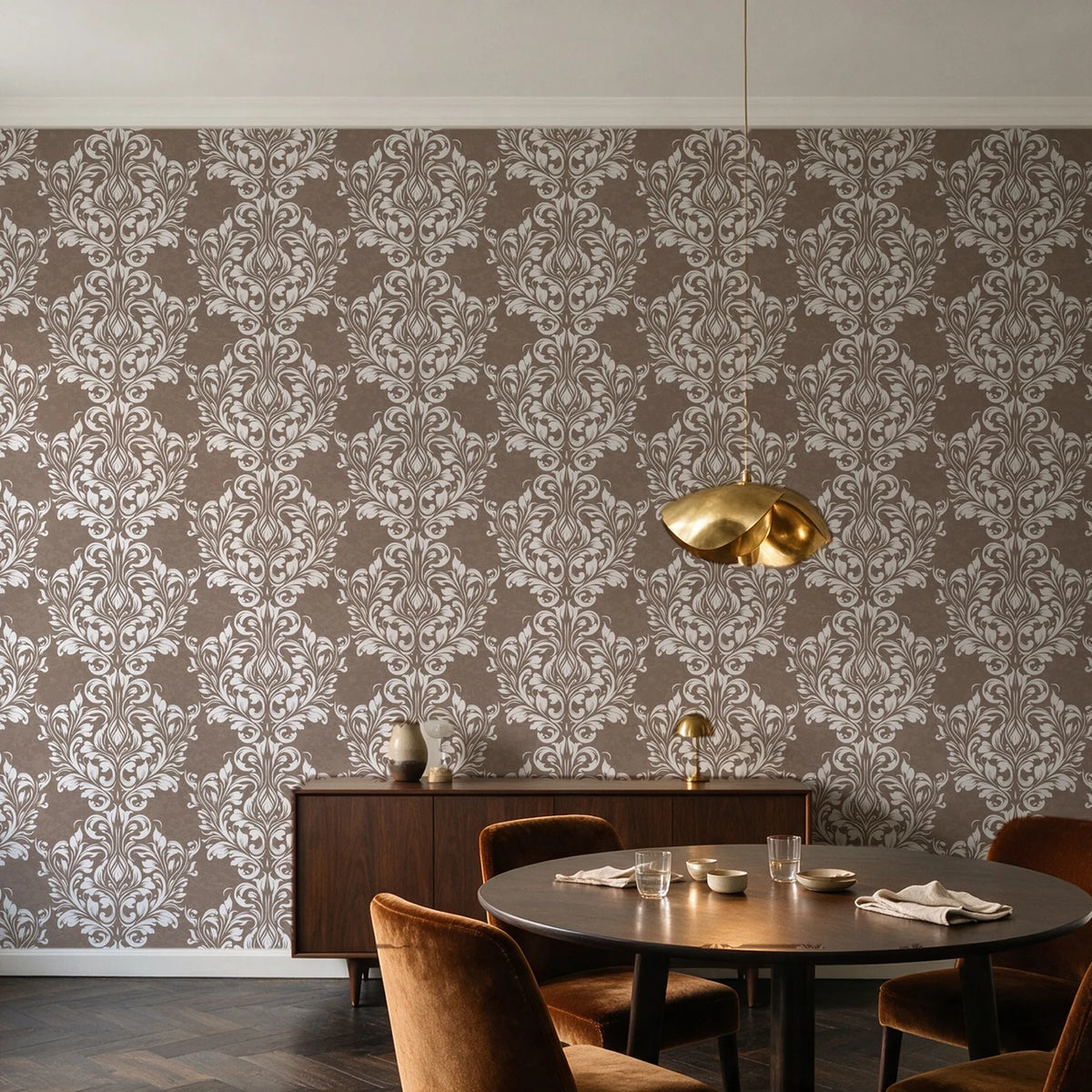 Petal Symphony Mocha baroque damask wallpaper in an elegant dining room