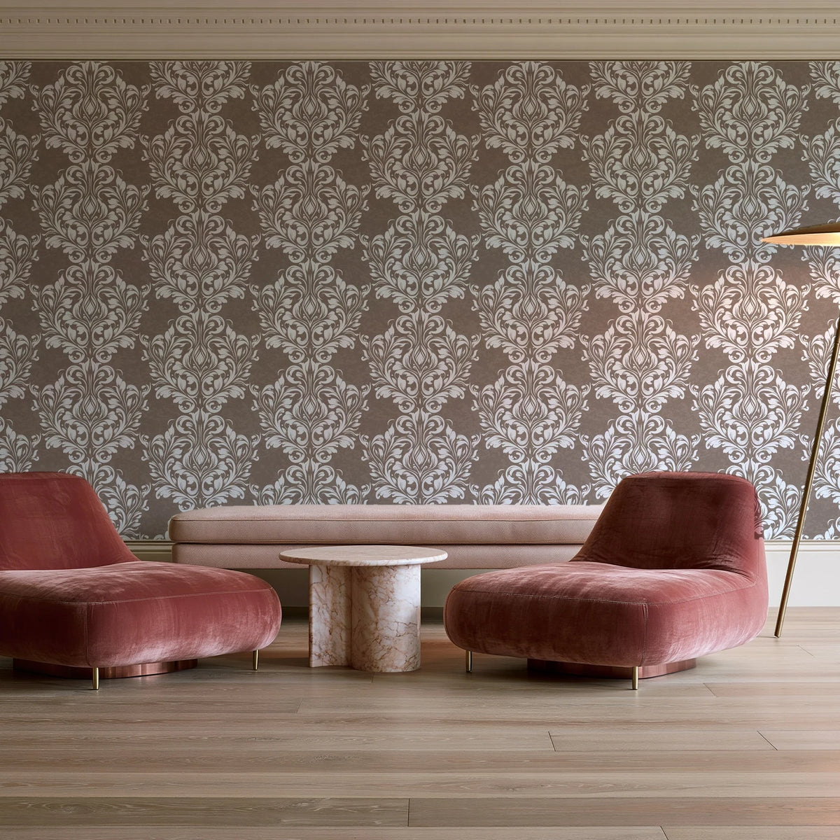 Petal Symphony Mocha baroque damask wallpaper in a boutique hotel sitting area