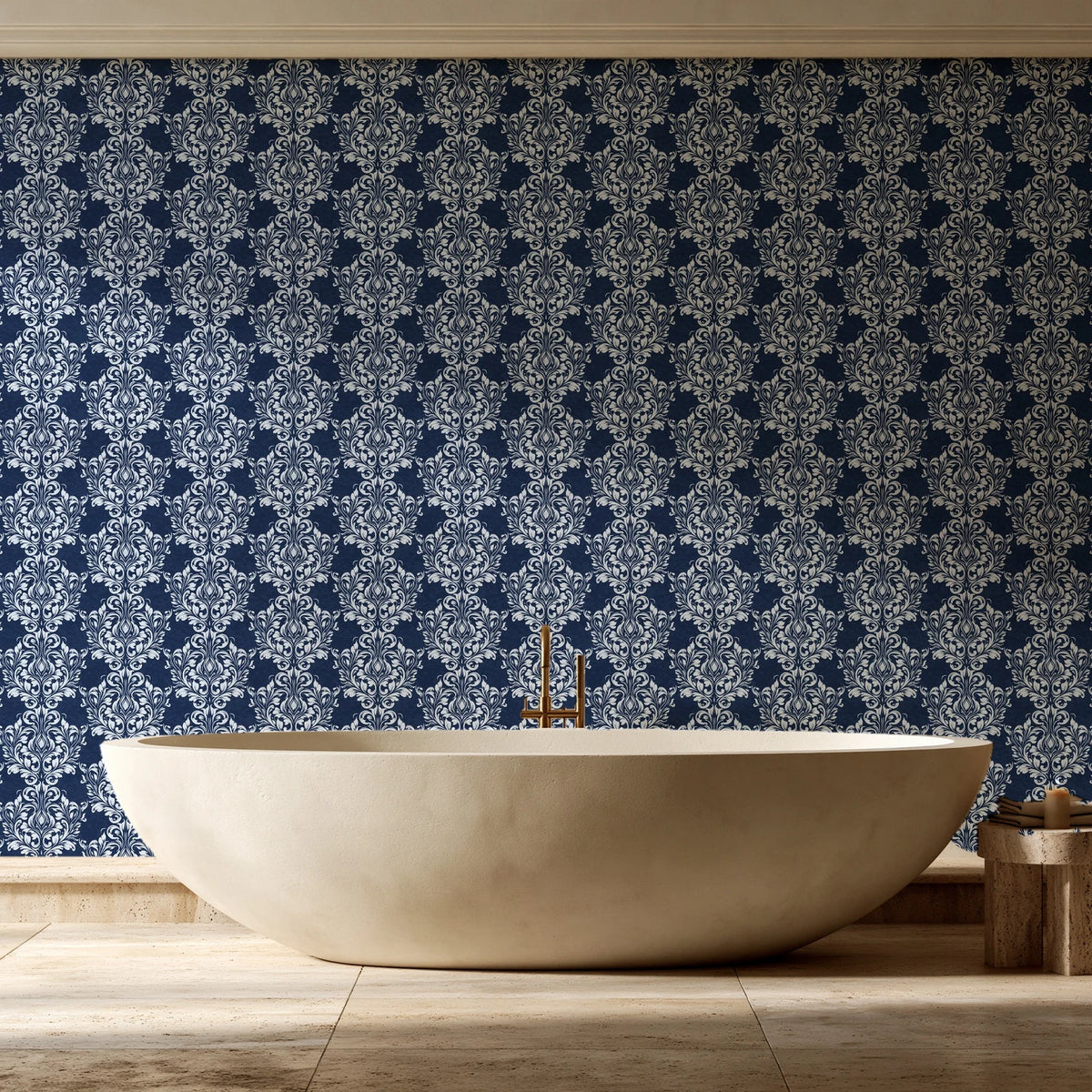 Petal Symphony Navy baroque damask wallpaper creating ambiance in a serene spa bathroom