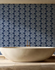 Petal Symphony Navy baroque damask wallpaper creating ambiance in a serene spa bathroom