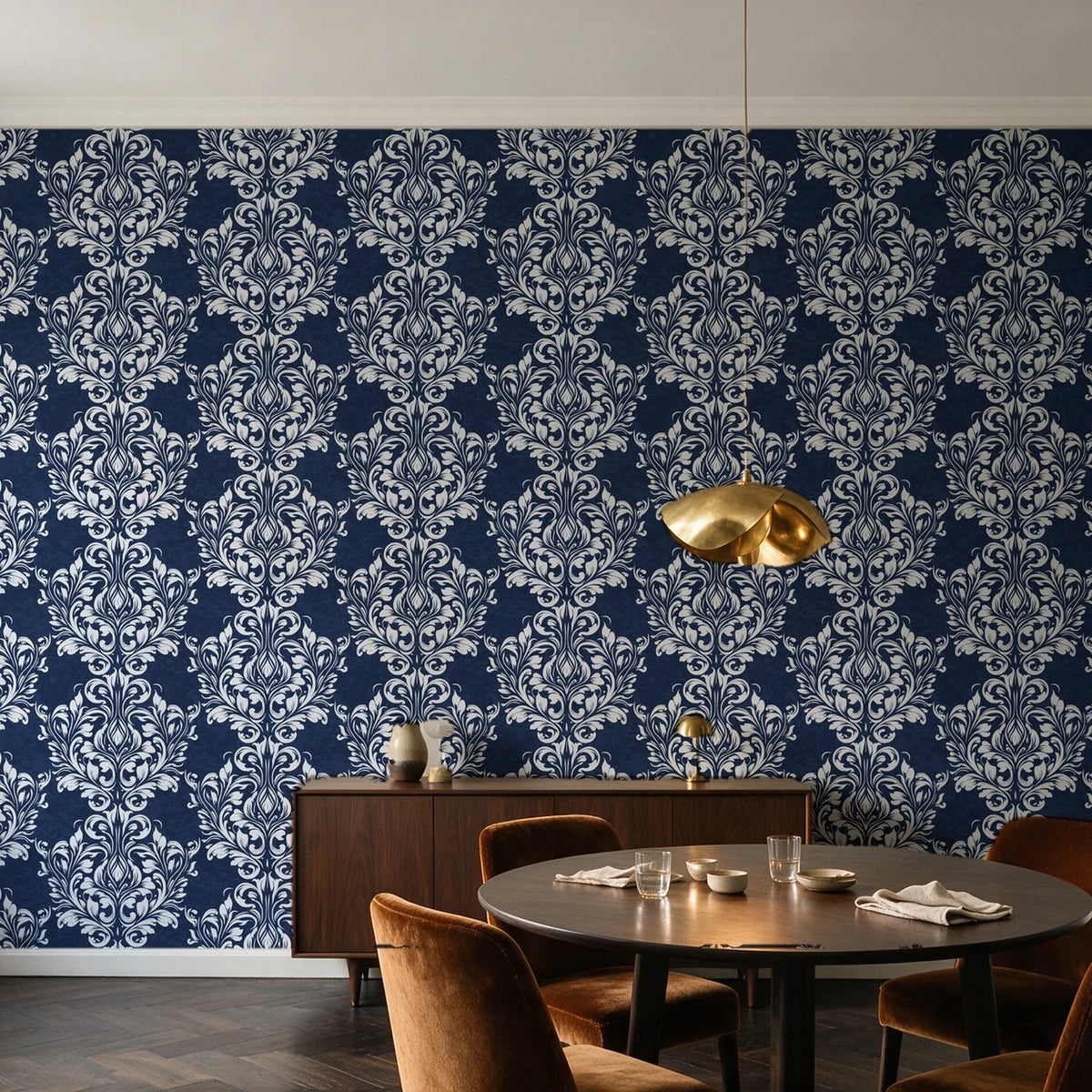 Petal Symphony Navy baroque damask wallpaper in an elegant dining room