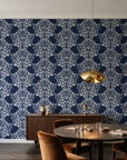 Petal Symphony Navy baroque damask wallpaper in an elegant dining room