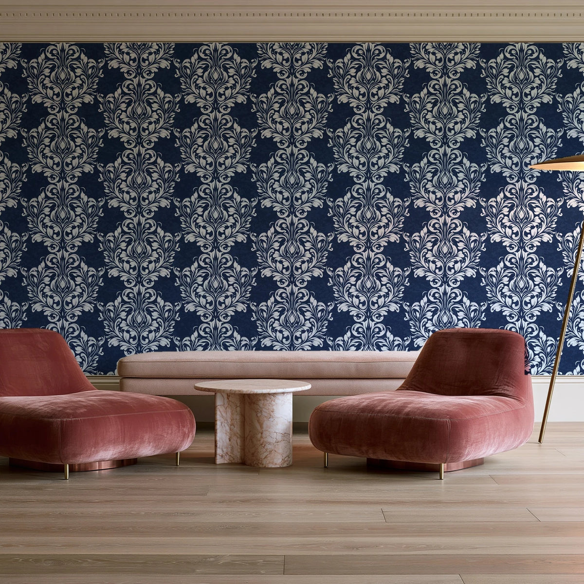 Petal Symphony Navy baroque damask wallpaper in a boutique hotel sitting area