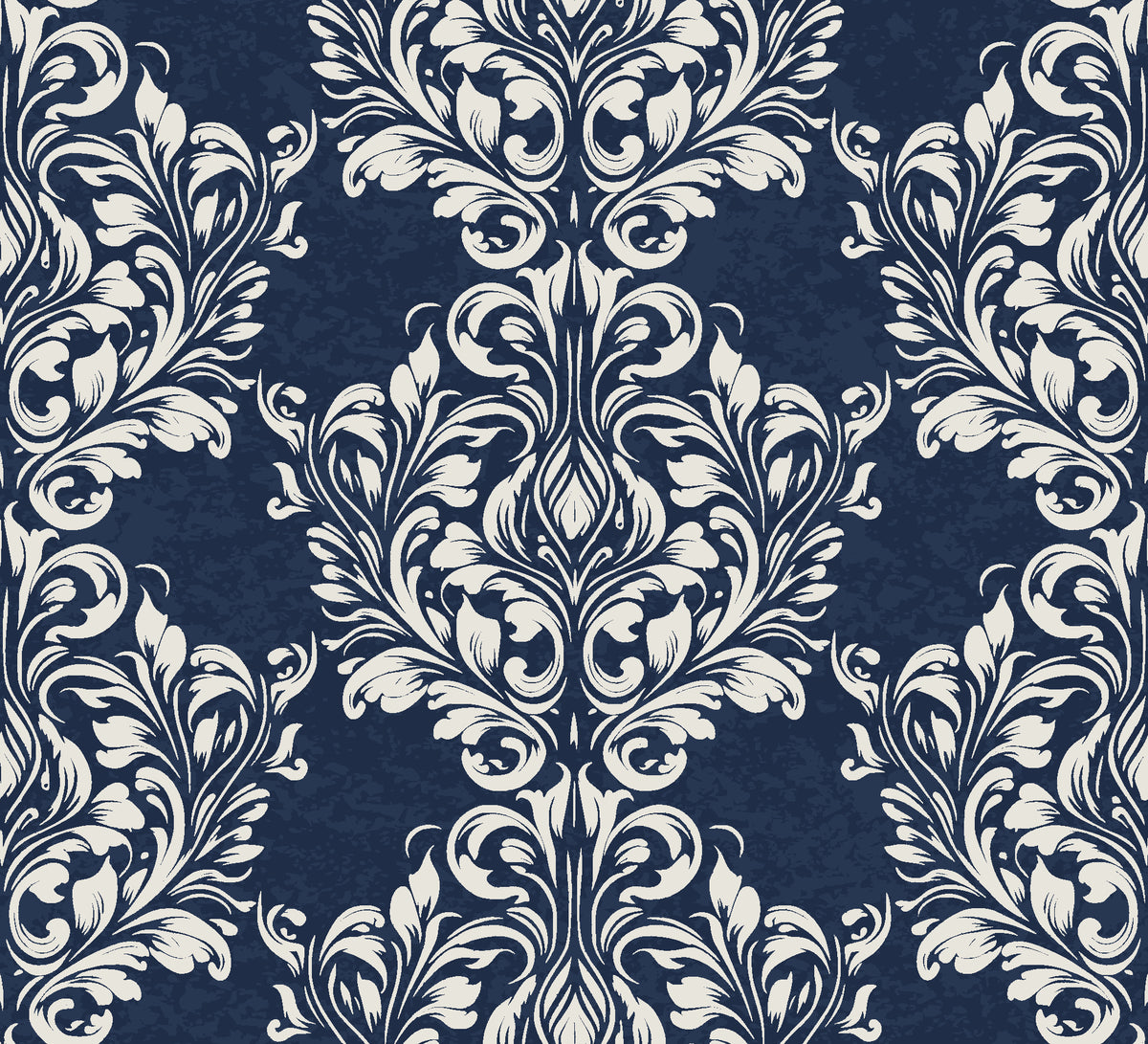 Petal Symphony Navy baroque damask wallpaper in navy and ivory