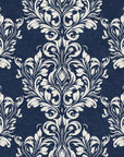 Petal Symphony Navy baroque damask wallpaper in navy and ivory