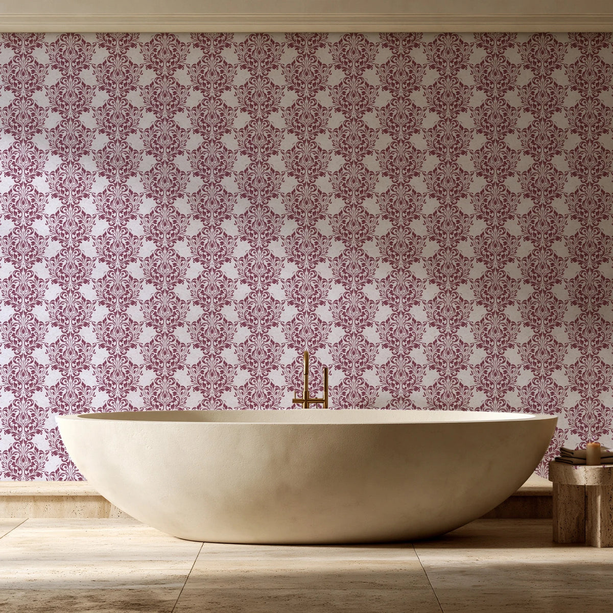 Petal Symphony Rosewood baroque damask wallpaper creating ambiance in a serene spa bathroom