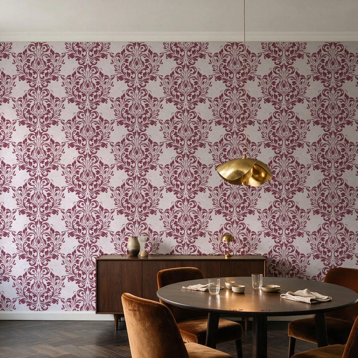 Petal Symphony Rosewood baroque damask wallpaper in an elegant dining room